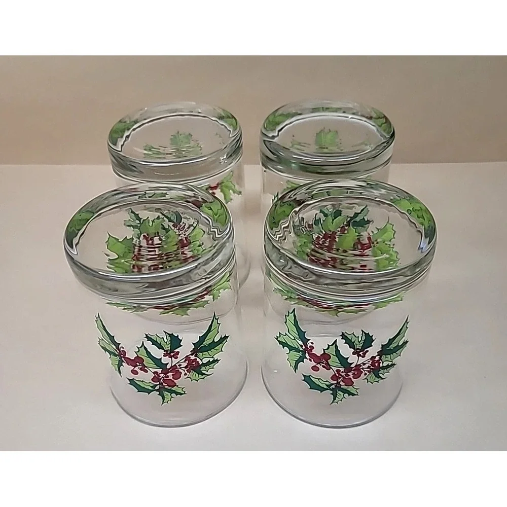 Set of 4 Christmas Green/Red Holly & Berries Lowball/Rocks/Whiskey Glasses